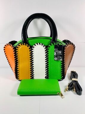 Colorful Patchwork/whipstitch bag satchel crossbody top handle green black tan